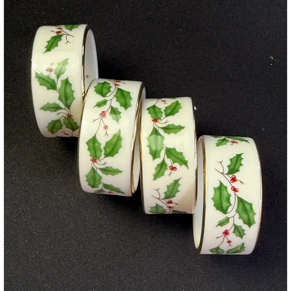 Lenox Holiday Napkin Rings Set of 4 Ivory‎ Bone China Gold Trim Holly Vintage